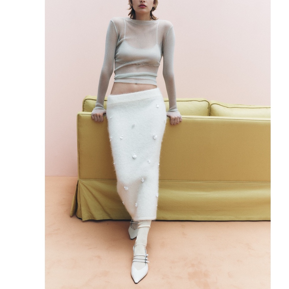 Zara Sequin embroidered Alpaca Blend Knit Pencil Midi Skirt Ecru white S NWT